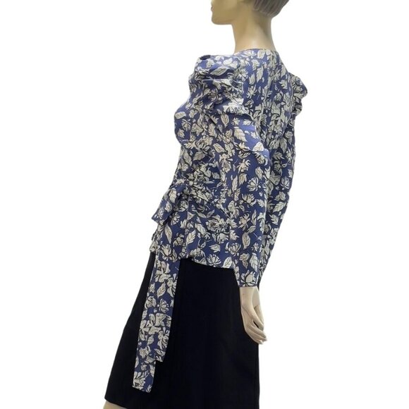 ASTR The LABEL Top Polyester Royal Blue Floral Attached Side Tie Wrap Puffed Gat - Picture 13 of 16